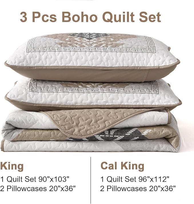 Dintszyayue Boho Quilt California King Size,3 Piece Aztec Texture Bedspread Coverlet Set Khaki Soft Quilt Set Lightweight Bedding Set Geometric Bohemian Bedspread with 2 Pillowcases(Khaki,96"x112")