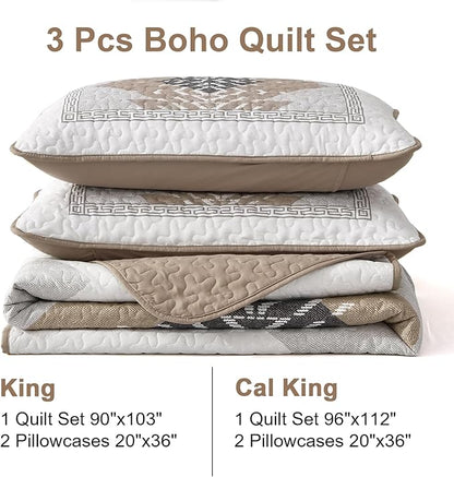 Dintszyayue Boho Quilt California King Size,3 Piece Aztec Texture Bedspread Coverlet Set Khaki Soft Quilt Set Lightweight Bedding Set Geometric Bohemian Bedspread with 2 Pillowcases(Khaki,96"x112")