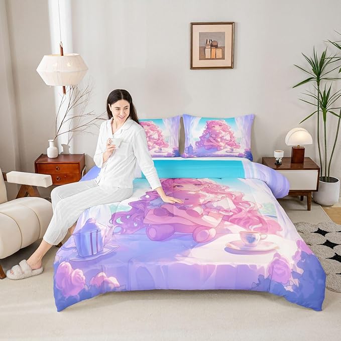 Erosebridal 3D Anime Girl Comforter Set King, Japanese Girl Romance Love Bedding Cartoon Anime Gifts Bedding Comforter Sets, Rabbit Lovers Gifts - 1 Comforter 2 Pillow Cases
