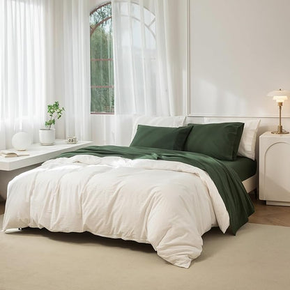 JIYUAN Full Size Sheet Set, 4-Piece - 100% Washed Cotton, Linen-Like Soft & Breathable, Includes Deep Pocket Fitted & Flat Sheet with 2 Pillowcases, Hotel Quality, Solid Forest Green
