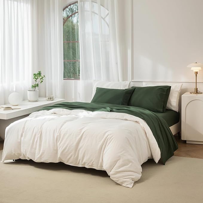 JIYUAN King Size Sheet Set, 4-Piece - 100% Washed Cotton, Linen-Like Soft & Breathable, Includes Deep Pocket Fitted & Flat Sheet with 2 Pillowcases, Hotel Quality, Solid Forest Green