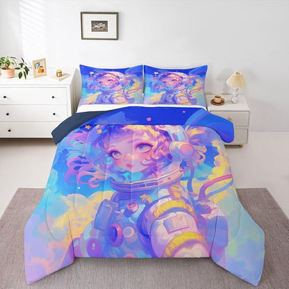Erosebridal Watercolor Anime Girl Bedding, 3D Anime Comforter Set Cosmo Galaxy Sci-Fi Virtual Reality Full Bed Comforter Set for Boys Girls Graffti Stars Print Duvet Insert