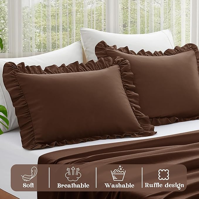 KKJIAF Ruffle Pillow Cases King Size Set of 2, Ruffled Pillow Covers with Envelope Closure, Wrinkle Resistant Ruffled Pillow Shams 20" x 36", Brown