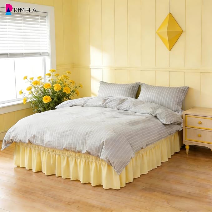 RIMELA Bed Skirt Queen Size 14 Inch Drop, Wrap Around Elastic Bedskirt Solid Microfiber Luxury Hotel Quality Fabric, Easy to Install Machine Washable Wrinkle & Fade Resistant, Light Yellow