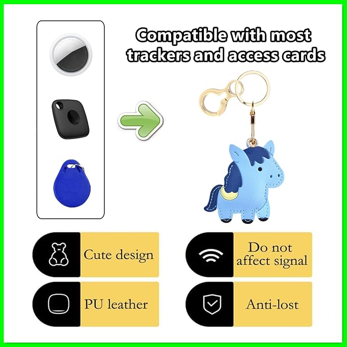 Leather Keychain Holder Case Compatible with AirTag,Cute Protective Cover with Keyring,Anti-Scratch Finder GPS Tracker Case for Wallet Keys,Bag,Pets,Backpack(Blue Horse)