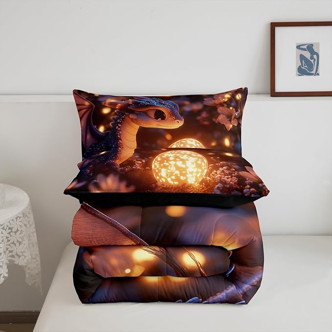 Cartoon Dragon Twin Size Comforter Set,Cute Dragon Egg Quilt Set Soft Bed Collection,Mysterious Wild Animals Bedding Comforter for Boys Girls Room Decor,2 Pcs