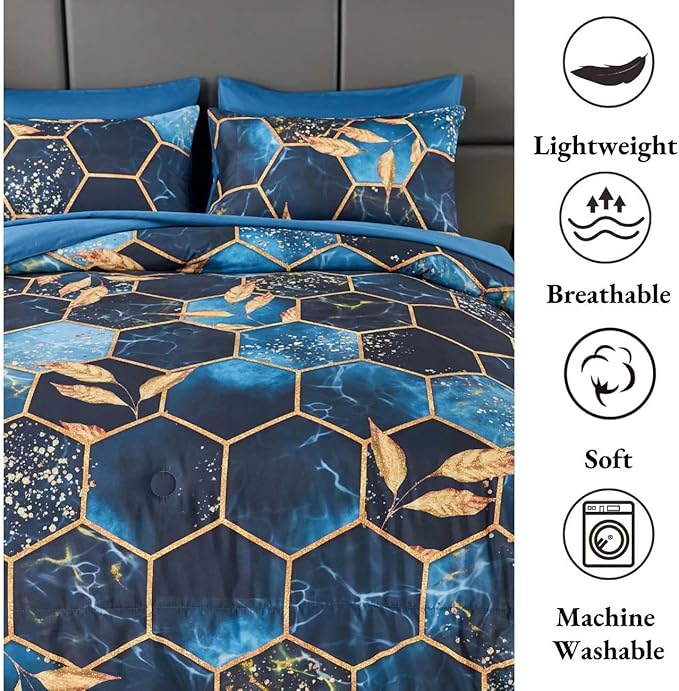 ANGIYUIN 7-Piece Blue Gold Marble Queen Bedding Set, Modern Steel Blue Foil Print with Matched Sheets