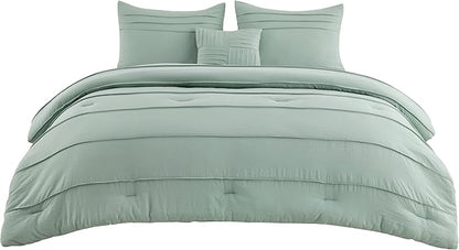 Bedsure Queen Comforter Set - 4 Pieces Pinch Pleat Bed Set, Sage Green Boho Bedding for All Season, 1 Soft Comforter, 2 Pillowcases, 1 Decorative Pillow