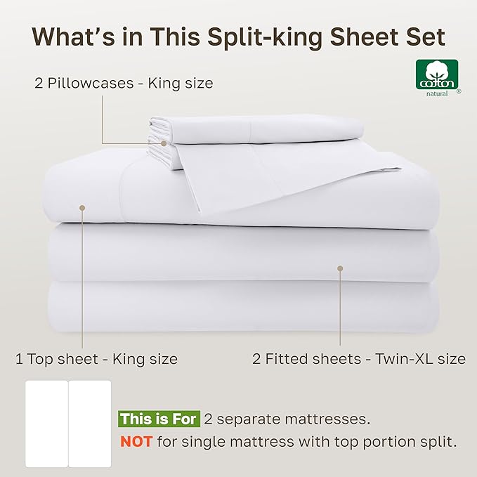 California Design Den Split King Size Sheet Set - 100% Cotton, 500 Thread Count Sateen, Deep Pocket Bedding for Adjustable Bed, Includes Twin-XL Fitted Elastic Sheets & Pillowcases - White