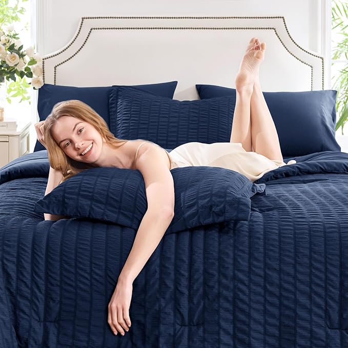 CozyLux King Size Comforter Set Navy Blue Seersucker 7 Pieces Bed in a Bag King Comforter Set with Sheets, Luxury Soft Bedding Sets with Down Alternative Comforter, Sheets, Pillowcases & Shams