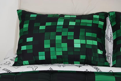 Pixelated Miners Game Kids Comforter Set Twin Size,Geometric Check Video Games Bedding Set Boys Room Decor,Gamepad Camo Grid Quilt Comforter,Black Green Duvet Set Bedroom Quilt Set,1 Pillowcase