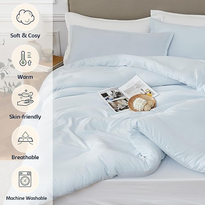 Full Comforter Sets SkyBlue,3PCS Soft Lightweight Breathable Bedding Comforter Sets for All Season, Full Size(82''×86'' Comforter & 2 Pillowcases)