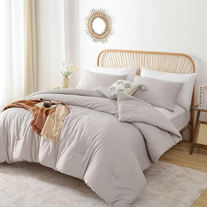 ROSGONIA King Size Comforter Set Linen Grey, 3pcs(1 Boho Comforter & 2 Pillowcases) Soft Lightweight Bedding Blanket All Season Bedspreads Quilt