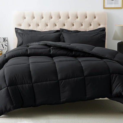 JOLLYVOGUE Full Comforter Set, Ultra-Soft Bed in a Bag Full Size 7 Pieces, Oeko-TEX Certified Bedding Set with Down Alternative Comforter, Sheets, Pillowcases & Shams, Black