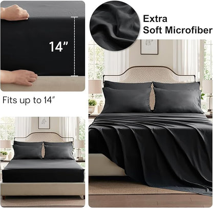 Anluoer Black California King Comforter Set 7 Pieces, Bed in a Bag with Sheets, All Season Bedding Sets with 1 Comforter, 2 Pillow Shams, 2 Pillowcases, 1 Flat Sheet, 1 Fitted Sheet