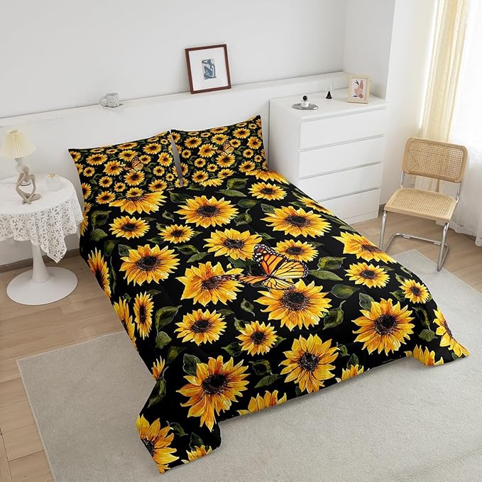 Feelyou Sunflower Bedding Set Girls Yellow Floral Butterfly Comforter Chic Flowers Pattern Comforter Set for Kids Teens Botanical Nature Duvet Set Ultra Soft Room Decor Queen Size…
