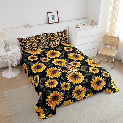 Feelyou Sunflower Bedding Set Girls Yellow Floral Butterfly Comforter Chic Flowers Pattern Comforter Set for Kids Teens Botanical Nature Duvet Set Ultra Soft Room Decor Twin Size
