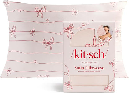 Kitsch Satin Pillowcase with Zipper for Hair & Skin - Softer Than Silk Pillow Cases, Smooth Cooling Satin Pillow Case, Wrinkle-Free Pillow Cases Standard Size (19x26) - Striped Bows