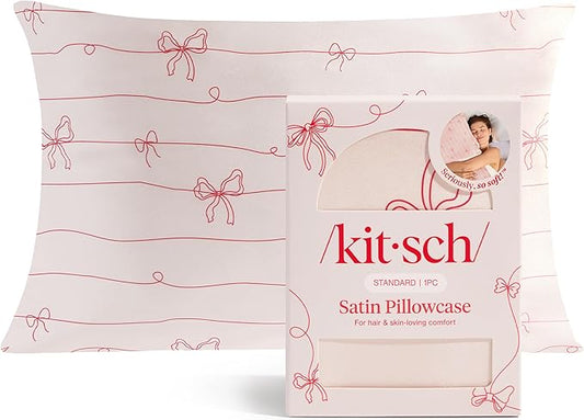 Kitsch Satin Pillowcase with Zipper for Hair & Skin - Softer Than Silk Pillow Cases, Smooth Cooling Satin Pillow Case, Wrinkle-Free Pillow Cases Standard Size (19x26) - Striped Bows