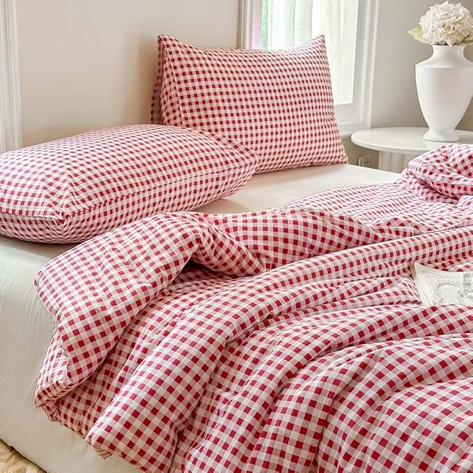NSNLGSGC Red Gingham Cotton Comforter Set Twin, 100% Washed Cotton Plaid Checked Comforter Bedding, 2 Pieces Vintage Farmhouse Grid Bedding Set(Red Gingham, Twin)
