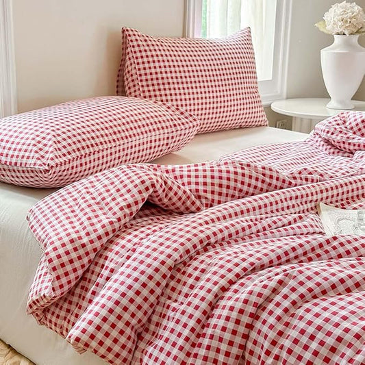NSNLGSGC Red Gingham Cotton Comforter Set King, 100% Washed Cotton Red Plaid Checked Comforter Bedding, 3 Pieces Vintage Farmhouse Grid Bedding Set(Red Gingham, King)