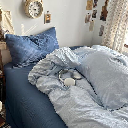 mixinni 100% Washed Cotton Duvet Cover Set Queen Size, Solid Light Blue Ocean Themed Chic Bedding, Soft Breathable Minimalist Comforter Cover with Zipper Closure & Corner Ties-Queen Size