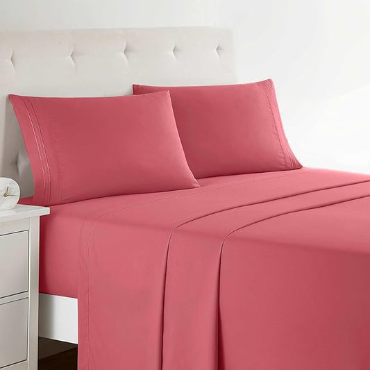 Clara Clark Bed Sheets, Premier 1800 Series 4 Piece Bed Sheet Set, Deep Pocket, Wrinkle, Fade, Stain Resistant, Luxury Soft Bedding Sheets & Pillowcases, Full, Coral Pink