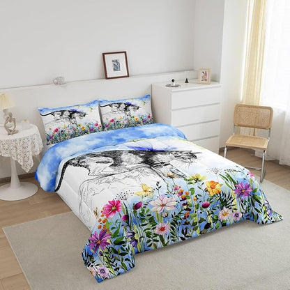Cat Comforter Colorful Flower Bedding Set Cute Pet Animal Down Comforter Twin Butterfly Floral Leaves Plant Duvet Set Black and White Comforter Kawaii Farmhouse Room Decor Blue 2Pcs Warm Soft