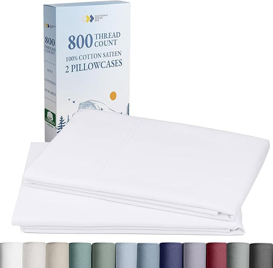 Heirloom Soft, Smooth & Thick Certified 800 Thread Count 100% Cotton Sateen, 2 White Standard Pillowcases Fits Standard & Queen Size Pillows (Bright White)