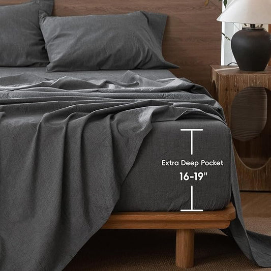 MooMee Fitted Bottom Sheet Only 100% Washed Cotton Linen Like Textured Breathable Durable Soft Comfy Deep Pocket Fits Mattress up to 17" (Dark Grey, Twin)