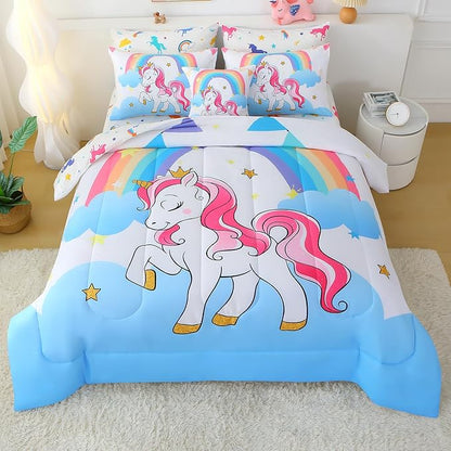 JQinHome Unicorn Queen Bedding Sets for Girls Kids,8 Piece Bed in A Bag 3D White Sky Rainbow Clouds Theme Unicorn Comforter Set with Sheet Set(White)