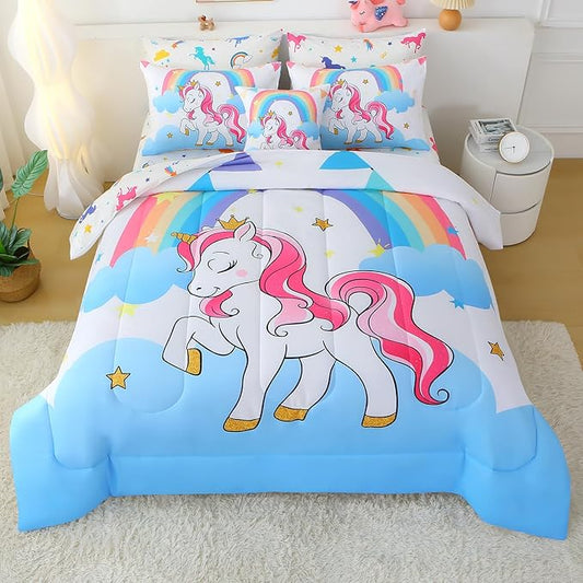 JQinHome Unicorn Queen Bedding Sets for Girls Kids,8 Piece Bed in A Bag 3D White Sky Rainbow Clouds Theme Unicorn Comforter Set with Sheet Set(White)