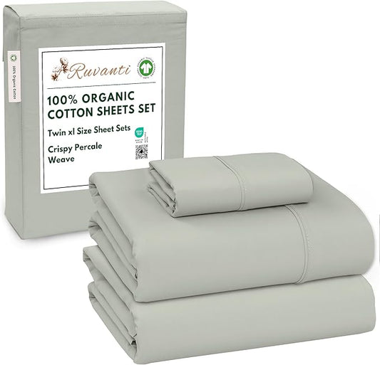 RUVANTI 100% Organic Cotton Sheets Twin XL, Percale Weave, GOTS Certified, 3-Piece Set, Deep Pocket 15", Crisp & Breathable, Soft Durable Bedding, Sábanas Algodón Orgánico – Mineral Gray