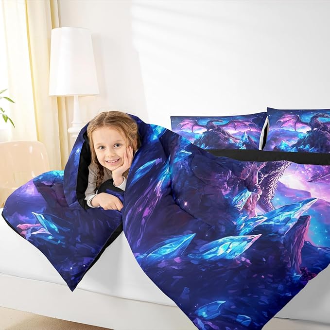 Castle Fairy Dragon Comforter Set King Size,Wild Animals Down Alternative Adults Bedroom Decor,Iceberg Starry Sky Purple Ultra Soft Microfiber Inner Fill 3 Pcs Bedding