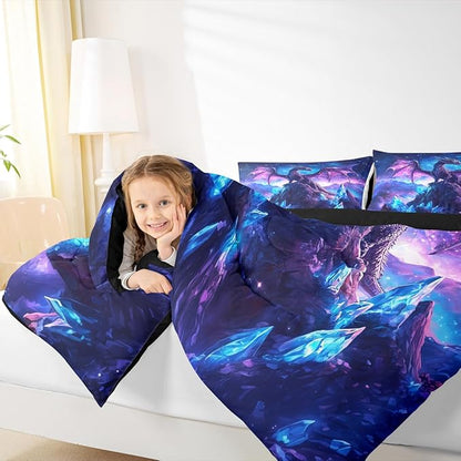Castle Fairy Dragon Comforter Set King Size,Wild Animals Down Alternative Adults Bedroom Decor,Iceberg Starry Sky Purple Ultra Soft Microfiber Inner Fill 3 Pcs Bedding