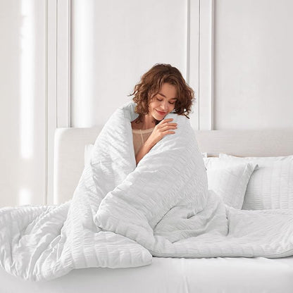 MUXHOMO 7 Pieces Full Comforter Set, Seersucker Bed in a Bag Full Size, All Season Luxury Bedding Set with Comforter, Flat Sheet, Fitted Sheet, Pillowcases & Shams, White