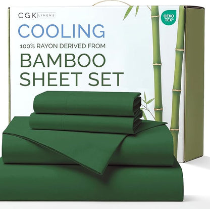100% Rayon Derived From Bamboo - Bamboo Sheets King Size - Cooling Sheets for King - Soft, Breathable & Hotel Luxury Bedding - 1 Flat & 1 Fitted & 2 Pillowcases w/ 16 Inch Deep Pockets - Emerald Green