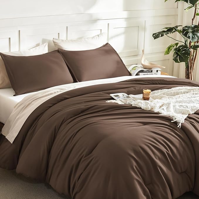 Litanika Brown Comforter Set California King Size, 3 Pieces Cal King Lightweight Solid Bedding Comforter Set, All Season Fluffy Bed Set (104x96In Comforter & 2 Pillowcases)