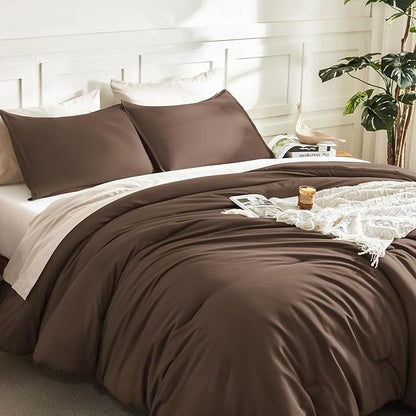 Litanika Comforters Brown Oversized King Size, 3 Pieces Lightweight Solid Bedding Set & Collections, All Season Fluffy Bed Set (120x98In Comforter & 2 Pillowcases)