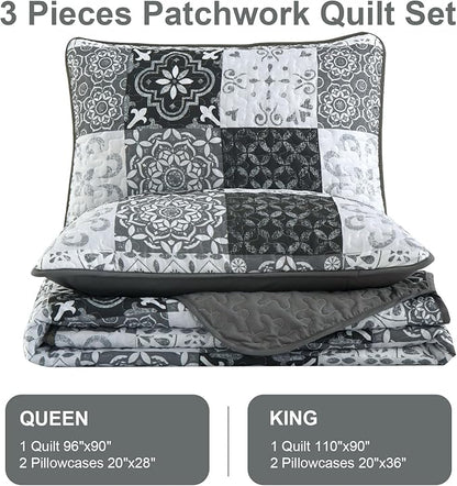 Dobuyly Grey Black Quilt Set King Size, Boho Plaid Patchwork Bedspreads Coverlet Set, 3 Pieces Soft Lightweight Microfiber Farmhouse Quilt Bedding Set for All Seasons 110"x90"