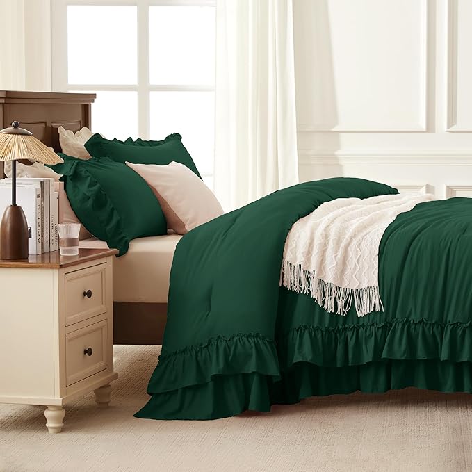 Andency Dark Green Comforter Set Queen Size, Lightweight Fluffy Farmhouse Ruffle Bedding Set, Soft Polyester All Season Shabby Chic Bed Comforter Set 3 Pieces(1 Comforter 2 Pillowcases)