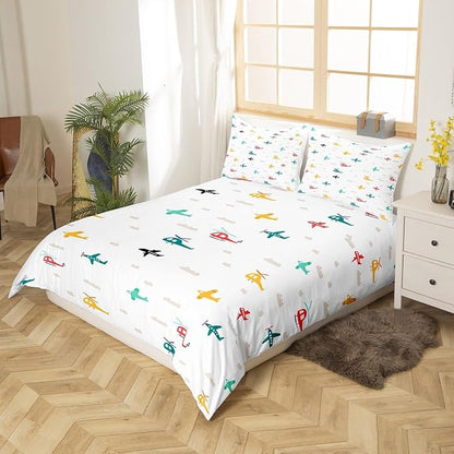 Kids Aircraft Bedding Set Watercolor Transportation Vehicles Duvet Cover Set Boys Airplanes Comforter Cover Colorful Helicopter Bedspread Cover Bedroom Quilt Cover Twin with 1 Pillowcase,No Comforter