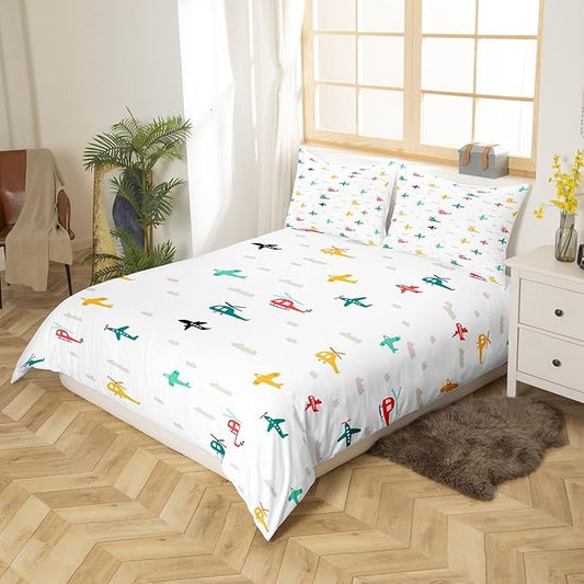 Kids Aircraft Bedding Set Watercolor Transportation Vehicles Duvet Cover Set Boys Airplanes Comforter Cover Colorful Helicopter Bedspread Cover Bedroom Quilt Cover Twin with 1 Pillowcase,No Comforter