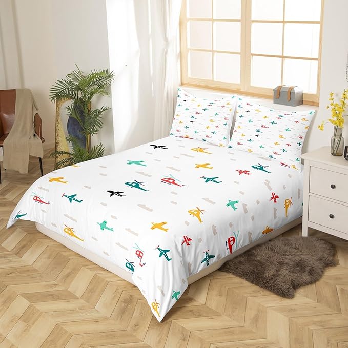 Kids Aircraft Bedding Set Watercolor Transportation Vehicles Duvet Cover Set Boys Airplanes Comforter Cover Colorful Helicopter Bedspread Cover Bedroom Quilt Cover Full with 2 Pillowcase,No Comforter