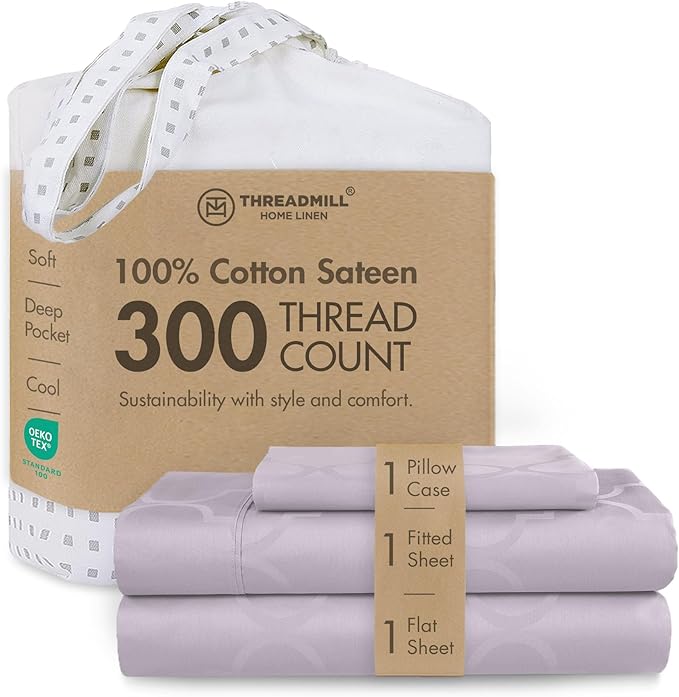 Threadmill Cotton Twin Sheet Set | 100% Cotton Sheets for Twin Size Bed | Damask Jacquard Sateen Twin Bed Sheets Set with 16” Deep Pocket | Soft Breathable 3-Piece Cooling Sheet Set | Lilac