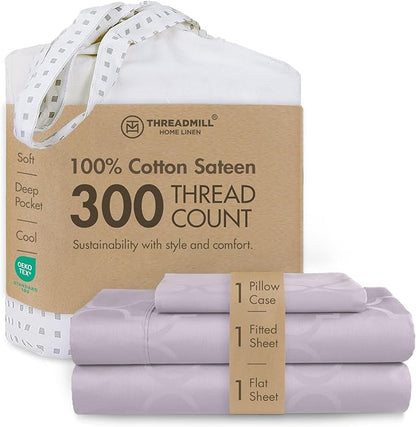 Threadmill Cotton Twin Sheet Set | 100% Cotton Sheets for Twin Size Bed | Damask Jacquard Sateen Twin Bed Sheets Set with 16” Deep Pocket | Soft Breathable 3-Piece Cooling Sheet Set | Lilac