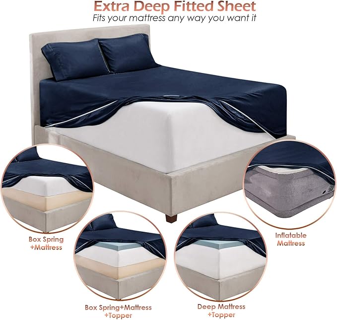 Hearth & Harbor Extra Deep Pocket Sheets - Fits Mattress 18-24 Inches Deep - Extra Deep Pocket Full Size Sets - 6 Piece Full Size - Full - Navy Blue