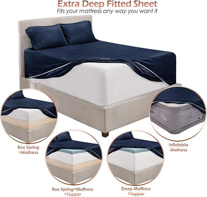 Hearth & Harbor Bed Linen Set - King Size, 6 Piece, Navy Blue, Microfiber, Extra Deep Pocket, 18-24 Inches Mattress Depth