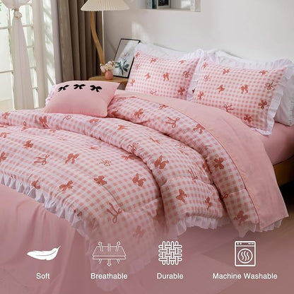 A Nice Night Bow Comforter Set,6 Piece Bed in a Bag with Comforter & Sheet Set,Chic Grid Bowknot Bedding Sets,Princess Themed Bed Sets for Kids Girls,Twin
