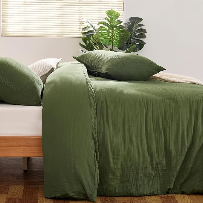 Green Duvet Cover King, 100% Sandwashed Cotton Soft King Size Duvet Cover Set 3 Pieces with Zipper Clousre & Corner Buttons (Green, King 104 x 90)